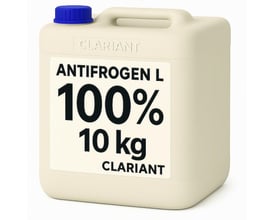 Lys beholder med blå skruelåg med Antifrogen L glykol fra Clariant, 100 % koncentreret og mærket 10 kg.