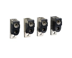 Fire Schneider Electric klemmer til 35-300mm2 kabler monteret på monteringsskinne, med sorte plasthætter og synlige mærkningsdetaljer.