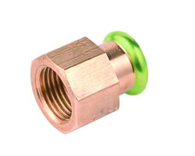 Unico A-Press Type M overgangsmuffe i messing med 2" gevind og 54mm rørdimension, udstyret med grøn trykindikator.