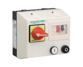 Schneider Electric TeSys kapslet starter med 4kW effekt, 400VAC og IP65-klassificering, har rød drejekontakt og start/stop-knapper.
