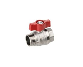 TEA kuglehane med T-greb og gevind i størrelsen 1/2 tomme, PN 25, fremstillet i metal med rød belægning på grebet.