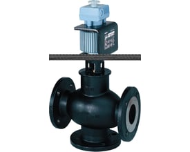 Siemens MXF461.15-1.5 flangeventil med magnet aktuator, PN16, DN15, kvs 1.5, vist med blå og sort plast aktuator.