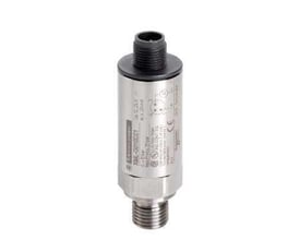 Schneider Electric tryktransmitter med G 1 gevind og M12 stik, viser mærke og specifikationer på cylindrisk metalhus.