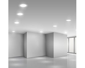 V-TAC rundt mini LED-indbygningspanel på 3 W med 3-i-1 CCT lyser indbygget i et lyst rumloft.