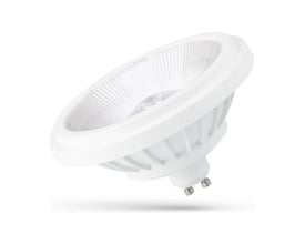 Hvid SpectrumLED GU10 AR111 LED-spot på 14 W med 40° spredning, set skråt forfra med GU10-stifterne synlige.