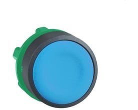 Forside af Schneider Electric Harmony Style 5 trykknap, blå, Ø 22mm, med plan betjeningsflade og sort ramme.