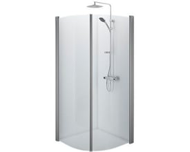 Komplet Contura Shower Space buet brusekabine i hjørneinstallation med brusehoved og armatur, fremviser den matte profil og klare glas.