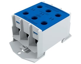 Katko AL/CU klemme til 2,5-50mm² ledere med 160A kapacitet, fremstillet i hvid plast med blå kappe og seks tilslutningshuller.