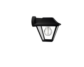 Alpenglow Down væglampe fra Philips Lighting i sort aluminium med klar glasrude og synlig E27-fatning, vist på hvid baggrund.