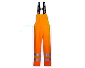 Lyngsøe Rainwear LR59 hi-vis orange regnoverall i størrelse S med justerbare seler og reflekser ved anklerne.