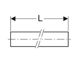 Diagram af Geberit FlowFit rør, der illustrerer længde (L) og dimensioner med målepile.