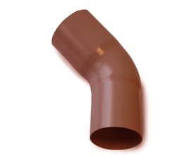 Plastmo plast bøjning 45° i brun farve til Ø75 mm tagrender, vist isoleret på hvid baggrund.