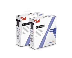 To HellermannTyton HIS-Pack krympeflex bokse med sort krympeflex og blå illustration af varmepistol, hvid baggrund.