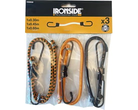 Ironside elastiske bagagestropper med kroge i længderne 300, 450 og 600 mm vises samlet i emballagen.