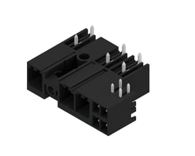 Weidmüller hybridstik til printkort med tre poler og 7,62 mm afstand, set skråt oppefra med kontaktstifter.