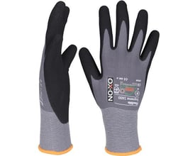 Boisen Safety Montagehandske Flexible Supreme 1600 i str. 6, vist fra to sider, med grå nylonoverhånd og sort nitrilbelægning.