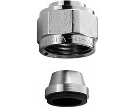 Frese kompressionskobling i krom, 1/2" x 15 mm, med omløber og muffe vist i to adskilte dele.