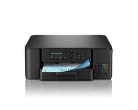 Sort Brother DCP-T580DW alt-i-en A4-farveprinter set forfra med udskrevet papir og synlige blæktanke.