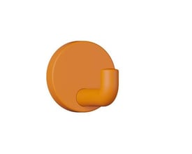 Orange HEWI-krog fra serie 477 med én buet krog og rund monteringsroset, set skråt forfra.