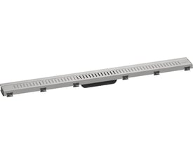 Hansgrohe kappesæt i børstet rustfrit stål, 955 mm langt, med vandret udløb og monteringsclips.