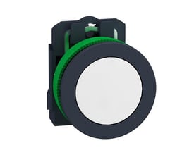 Schneider Electric signallampe XB5FVB1 komplet med hvid LED-lys og 24V tilslutning, set fra siden med grønt monteringsbeslag.