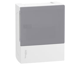 Schneider Electric MiniPragma gruppetavle med klar, grå dækning, 1 række med 6 moduler.