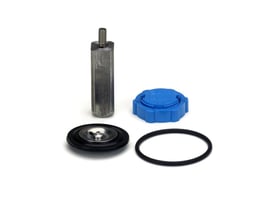Sæt med reservedele til Danfoss spole AM024D, indeholdende en membran, en gevindbolt og en blå plastfitting.