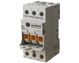 Siemens Sentron CC sikringsholder, 3-polet, 30A og 600V, grå med orange sikringsholdere og tydelige mærkningsnumre.
