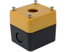 Omron kontrolbokskabinet A22Z-B101Y i gul og sort, designet til nødstop med et enkelt hul på toppen.