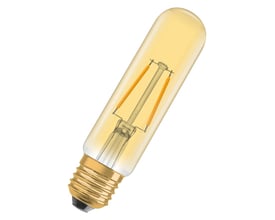 Osram Ledvance 1906 tubular LED-pære med ravfarvet glas, gylden E27 fatning og synlig filament.