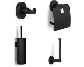 Fire forskellige mat sorte badeværelsesartikler vist samlet: toiletrulleholder, toiletbørste med beholder, håndklædekrog og holder til ekstra toiletrulle.