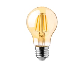 V-TAC A60 LED pære med E27 fatning, 12W og amber kultråd glas, vist på hvid baggrund.