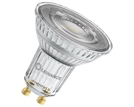 Enkel Osram LEDVANCE LED PAR16 lyskilde med klar glasoverflade og synlig LEDVANCE logo.