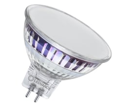 Nærbillede af en Ledvance LED MR16 3,3W 827 lyskilde med GU5.3 sokkel i klar glas.