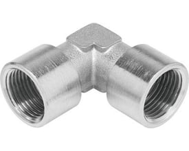 Festo banjovinkel NPFC-L-2G18-F af forniklet messing, med indvendige gevind og vinkelformet design til trykluftsystemer.
