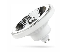SpectrumLED AR111 LED-spot på 12 W med hvidt hus og sølvfarvet reflektor, set skråt med GU10-fatningen synlig.