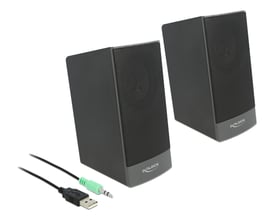 Sorte DeLock PC-højttalere i stereo 2.0 med USB-stik og grønne 3,5 mm stereojackstik.