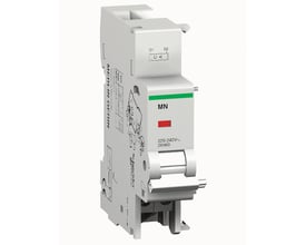 Schneider Electric underspændingsspole M9 MN til 48VAC/48VDC, med tydelig mærkning og tilslutningsdetaljer vist på hvid baggrund.