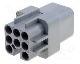 Grå Ilme hun indsats med 7 poler plus PE, crimp terminering og 250V, vist på neutral baggrund.