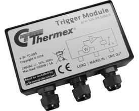 Thermex Trigger Module til emhætter, viser mærkaten med tekniske specifikationer og diagram.