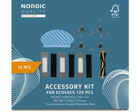 Nordic Quality tilbehørssæt til Ecovacs robotstøvsugere, indeholdende 12 dele inklusiv børster, filtre og moppeklude, på mørkeblå baggrund.