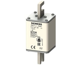 Siemens SITOR sikring 3NE3 NH1 63A gR med slidsede klingekontakter og mærkat med produktinformation på hvid baggrund.