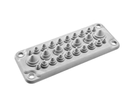 Detaljeret billede af Schneider Electric FL21 flange med mærkninger for kabeldiametre og IP66/IP67 klassificering.