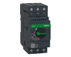 Schneider Electric motorværn GV3P13 med indstillingsområde 9-13A og TEST-funktion, vist med grønt drejehåndtag i ON-position og QR-kode.