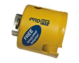 PRO-FIT 73 mm HM hulsav med integreret adaptor, gul med blå mærkat der angiver 'FREE Integrated Adapter'.