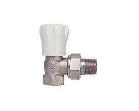 Herz GP ventilhus til 1/2" vinkelløbende model i forniklet messing med hvidt reguleringsgreb.
