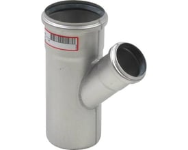 Blücher EuroPipe grenrør 45 grader i rustfrit stål AISI 304 med dimensioner Ø82 x Ø50 mm, vist mod hvid baggrund.