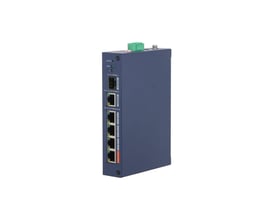 Dahua CHS4106-4ET-60 cloud-administreret PoE-switch med fire PoE-porte, set skråt forfra med grøn tilslutning.