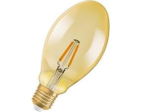 Detaljebillede af Osram LEDvance 1906 pærens E27 sokkel og overgangen til det ravfarvede glas.