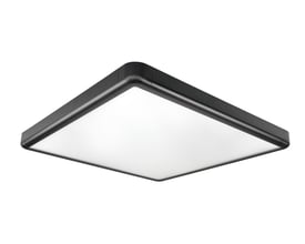 SG Armaturen Sense Surface 600x600 loftlampe i sort med 3000K LED-lys, vist med en hvid diffusor og et tyndt, sort kant.